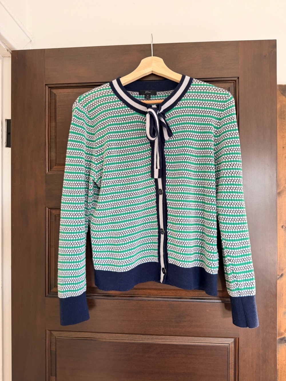 J. Crew Green, White & Navy Tie-Neck Button Cardigan